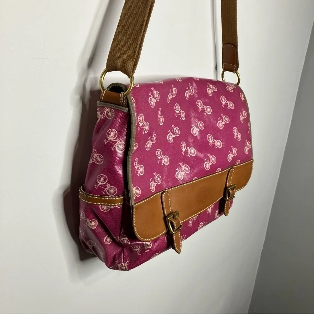 Fossil coated canvas messenger bag pink bicycle‎ print leather trim